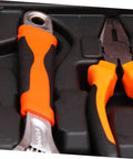 Close-up of pliers and screwdriver in Grab And Go Car Repair Tool Kit With Ratchet Wrench Set For Auto And Motorcycle Maintenance Multi Function Hand Tool Kit With Screwdrivers And Sockets Portable Box For Home DIY Projects And Quick Repairs.