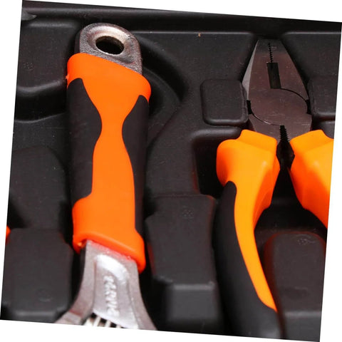 Close-up of pliers and screwdriver in Grab And Go Car Repair Tool Kit With Ratchet Wrench Set For Auto And Motorcycle Maintenance Multi Function Hand Tool Kit With Screwdrivers And Sockets Portable Box For Home DIY Projects And Quick Repairs.