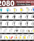 2080Pcs Car Retainer Clips And Fasteners Kit With 33 Universal Sizes Nylon Bumper And Fender Rivets Door Panel Clips Plastic Rivets 10 Cable Ties And Removal Tool For Toyota Ford Benz And More displayed with various clip sizes and types
