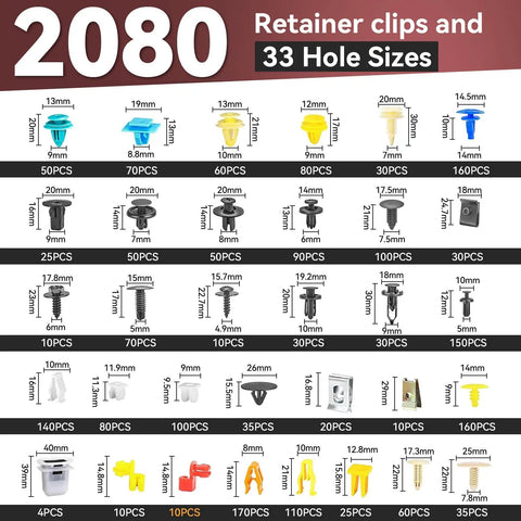 2080Pcs Car Retainer Clips And Fasteners Kit With 33 Universal Sizes Nylon Bumper And Fender Rivets Door Panel Clips Plastic Rivets 10 Cable Ties And Removal Tool For Toyota Ford Benz And More displayed with various clip sizes and types