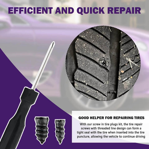 100PCS Car Tire Plug Kit,Practical Tire Screw Plug Repair Kit with Screwdriver/Tires Repair Rubber Nail for Quick Repairs,Essential Car Accessories Tires Repairs Screws shown with tire puncture close-up