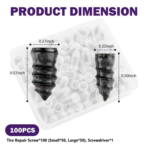 Image showing two sizes of tire repair screws from the 100PCS Car Tire Plug Kit,Practical Tire Screw Plug Repair Kit with Screwdriver.