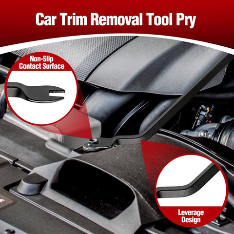 Car trim removal tool with non-slip contact surface and leverage design, shown prying a car panel.