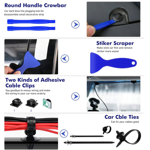 352-Piece Auto Trim Removal Tool Kit with blue handle crowbar, scraper, adhesive cable clips, and cable ties for cars