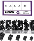 Heavy Duty Car U Clip Kit 50 Pieces M4 M5 M6 M8 M10 U Clips For Dash And Interior Trim Panels, Universal Auto Fasteners, Black Carbon Steel, Includes Storage Box, Compatible With Most Vehicles displayed in open box with assorted U-clips.