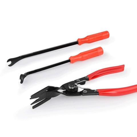 Heavy Duty Pro Grade Car Upholstery Clip Pliers Set And Fastener Remover Kit With Storage Bag, featuring red handles and steel construction.