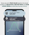 Smartphone screen displaying car value comparison with private party and trade-in values next to car diagnostic app graph