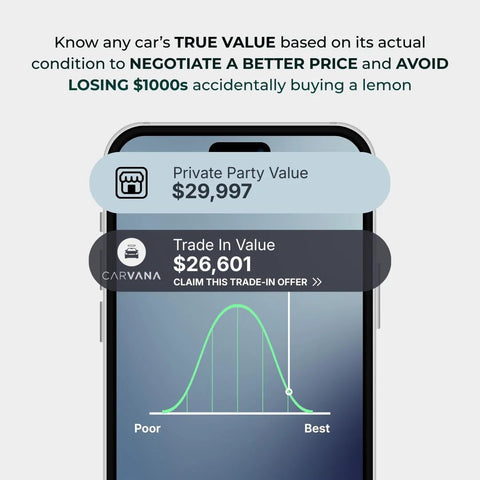 Smartphone screen displaying car value comparison with private party and trade-in values next to car diagnostic app graph