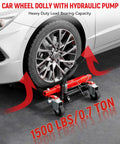 Heavy Duty 4 Pack Hydraulic Car Wheel Dollies With Foot Pedal, 6,000 Lbs Total Capacity, near car tire, red and black