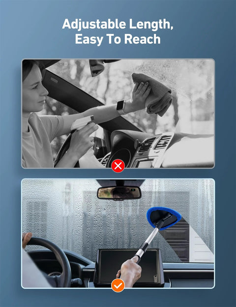 Person using Windshield Cleaning Tool With Extendable Handle And Microfiber Pad Set For Auto Glass And Car Interior Detailing
