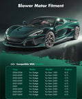 Green sports car next to chart listing compatibility for Front HVAC Blower Motor Replacement 700012 for Dodge Ram and other models