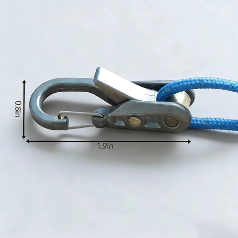 Close-up of a metal clip with a blue cord, measuring 1.9 inches in length and 0.8 inches in width, used in transport tasks.