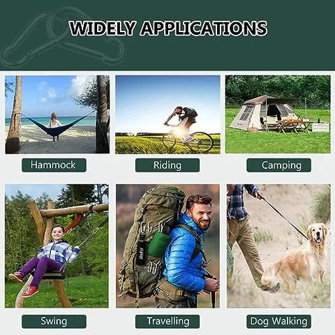 Image showing applications of 120 Pcs M5 Spring Snap Hook Carabiner Set for hammock, cycling, camping, swing, travel, dog walking.