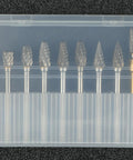 10 Pieces Carbide Burr Set With 1 Eighth Inch Shank And 2 Brass Collets For Dremel Rotary Tools in plastic case, metal carbide tips visible.