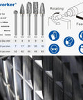 Five-piece Carbide Burr Set with 1/4 inch shank, 8mm head diameter for die grinder, with intricate burr detail and safety icons shown.
