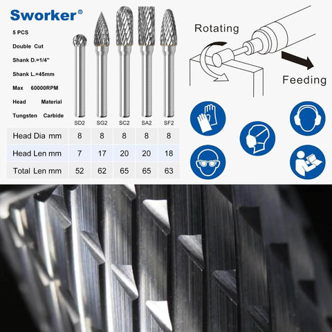Five-piece Carbide Burr Set with 1/4 inch shank, 8mm head diameter for die grinder, with intricate burr detail and safety icons shown.