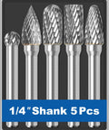Five-piece Carbide Burr Set with one quarter inch shank and 8mm head diameter for die grinders, includes clear clamshell box.