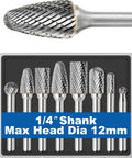 8 Piece Carbide Burr Set With 1 Quarter Inch Shank For Die Grinder And Rotary Tools Includes 6mm 10mm And 12mm Head Diameters