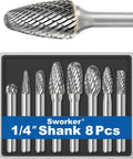 Eight Piece Carbide Burr Set With One Quarter Inch Shank In A Clear Clamshell Box For Die Grinders And Rotary Tools Featuring 6mm 8mm And 10mm Head Diameters For Metal Wood Stone And Steel Grinding Deburring Cutting Porting And Carving By Sworker.