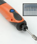 10 Pieces Carbide Burr Set With 1 Eighth Inch Shank And 2 Brass Collets For Dremel Rotary Tools Attachment in use with tool.