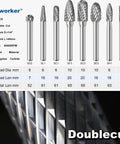 Eight Piece Carbide Burr Set With One Quarter Inch Shank In A Clear Clamshell Box For Die Grinders And Rotary Tools Featuring 6mm 8mm And 10mm Head Diameters For Metal Wood Stone And Steel Grinding Deburring Cutting Porting And Carving By Sworker shown with product dimensions