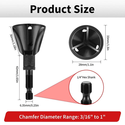 Carbide Bolt Chamfer Deburring Tool Set showing size, chamfer diameter range 3/16" to 1", and 1/4" hex shank.