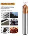 Carbide Chamfer End Mill 3 Flute TiSiN Coated CNC Carving Bit With V Groove 90 Degree Cut for Steel Aluminum Copper Alloys