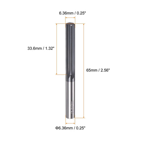Carbide Chucking Reamer HARFINGTON Pro Grade 0.25 Inch Diameter Straight Flute Straight Shank CNC Machining Centers Reamer Tool Uncoated Solid Carbide Reamer For Steel Aluminum Iron With 6.36mm Dia 1.32 Inch Cutting Length And 2.56 Inch Overall Length, front view with measurements.