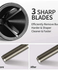 Carbide Bolt Chamfer Deburring Tool Set 2 Pack For PVC Pipe Copper Tube Soft Metal And 3D Printing Fits Five To Twenty Five Millimeter Range Remove Burrs And Repair Bolt Threads With High Efficiency Three Sharp Blades showing before and after use on bolt.