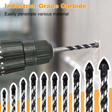 Close-up of Carbide Masonry Drill Bit Set 1/8 to 1/2 Inch For Concrete Tile Brick Cement - 10 Pack in use on wall