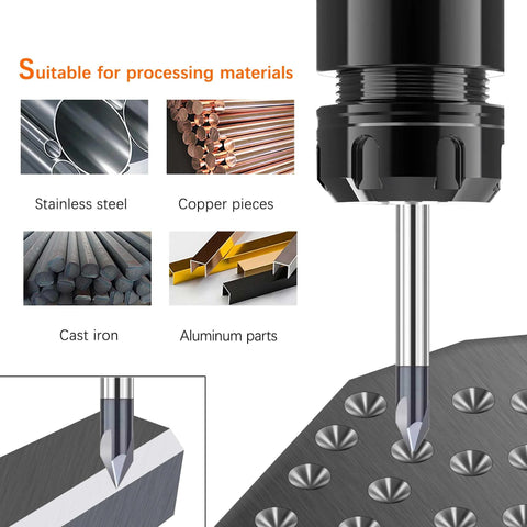 Carbide V Groove Router Bit 60 Degree Chamfer End Mill with One Eighth Inch Shank, showcasing material processing capabilities.