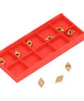 Carbide Milling Inserts 10 Pack for CNC Lathe DCMT070204 Two Point Three Eight Millimeters Thick Turning Inserts Replacement Cutting Tools for SDJCR L110 1212 H07 Tool Holders Precision CNC Machining Accessories, showcasing red packaging and inserts