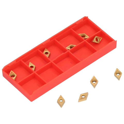 Carbide Milling Inserts 10 Pack for CNC Lathe DCMT070204 Two Point Three Eight Millimeters Thick Turning Inserts Replacement Cutting Tools for SDJCR L110 1212 H07 Tool Holders Precision CNC Machining Accessories, showcasing red packaging and inserts