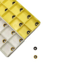 Indexable RCMT0602MO carbide inserts in yellow and white compartment case, part of the Two Piece Lathe Tool Holder Set For Half Inch Lathes