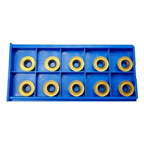 Blue tray with 10 RPMT1204-M-C DP5320 carbide inserts from Face Milling Cutter Holder Kit With 10 RPMT1204-M-C DP5320 Carbide Inserts And R8 FMB22 7 16th Shank Shell Mill Arbor, Essential Wrenches Included, Pro-Grade Build For Precision CNC Machining And Efficient Milling Of Thin Materials.
