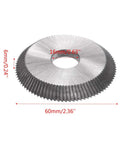 Top view of YUNAWU key cutting blade circular disk, 60mm diameter, 16mm bore, 6mm thick for horizontal key machines
