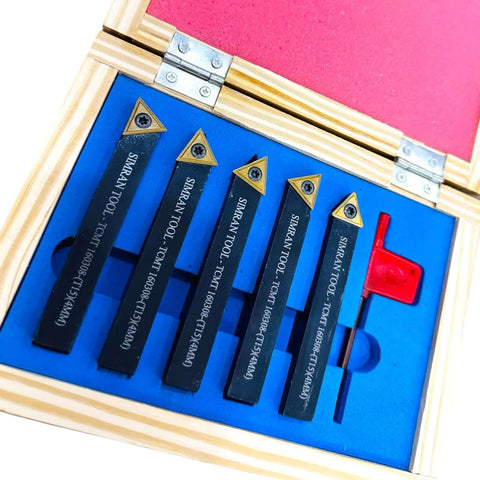 Five Piece One Half Inch Indexable Carbide Lathe Turning Tool Holder Set With Carbide Inserts TCMT16T308 in wooden box