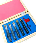Five Piece One Half Inch Indexable Carbide Lathe Turning Tool Holder Set With Carbide Inserts TCMT16T308 For Grooving And Threading Includes Wrench And Mini Tooling Kit Bluefox Tools Durable Metalworking Gear For Pros And DIYers in wooden box.