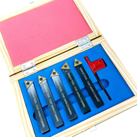 Five Piece One Half Inch Indexable Carbide Lathe Turning Tool Holder Set With Carbide Inserts TCMT16T308 For Grooving And Threading Includes Wrench And Mini Tooling Kit Bluefox Tools Durable Metalworking Gear For Pros And DIYers in wooden box.
