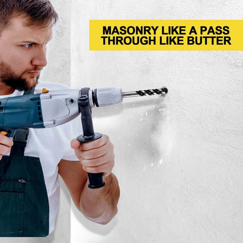 Man using Carbide Masonry Drill Bit Set 12 Pieces From One Eighth To One Half Inch For Concrete Brick Tile Glass Wood Plastic.