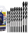 Carbide Masonry Drill Bit Set 12 Pieces From One Eighth To One Half Inch For Concrete Brick Tile Glass Wood Plastic displayed in packaging