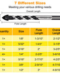Carbide Masonry Drill Bit Set 1/8 to 1/2 Inch For Concrete Tile Brick Cement - 10 Pack size chart with flute and overall lengths.