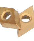 Carbide Milling Inserts 10 Pack for CNC Lathe DCMT070204 Two Point Three Eight Millimeters Thick Turning Inserts Replacement Cutting Tools for SDJCR L110 1212 H07 Tool Holders Precision CNC Machining Accessories, the image shows two golden metal inserts with a geometric shape and a central hole.