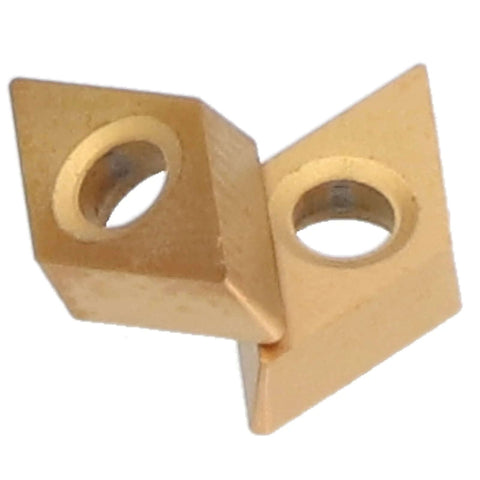Carbide Milling Inserts 10 Pack for CNC Lathe DCMT070204 Two Point Three Eight Millimeters Thick Turning Inserts Replacement Cutting Tools for SDJCR L110 1212 H07 Tool Holders Precision CNC Machining Accessories, the image shows two golden metal inserts with a geometric shape and a central hole.