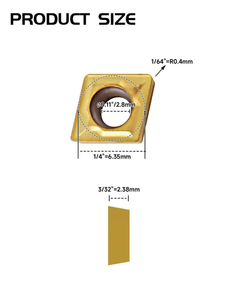 Carbide Turning Inserts Set Of 20 CCMT21.51 CCMT060204 Multilayer Coated, product size illustration showing dimensions.