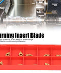 Carbide Milling Inserts 10 Pack for CNC Lathe DCMT070204 Two Point Three Eight Millimeters Thick Turning Inserts Replacement Cutting Tools for SDJCR L110 1212 H07 Tool Holders Precision CNC Machining Accessories in red packaging with CNC machine in background.