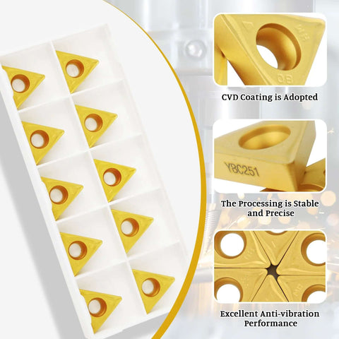 Premium Carbide Turning Inserts for Steel and Stainless by Zorqon, 10 Pack TCMT32.52 and TCMT16T308, shown in packaging