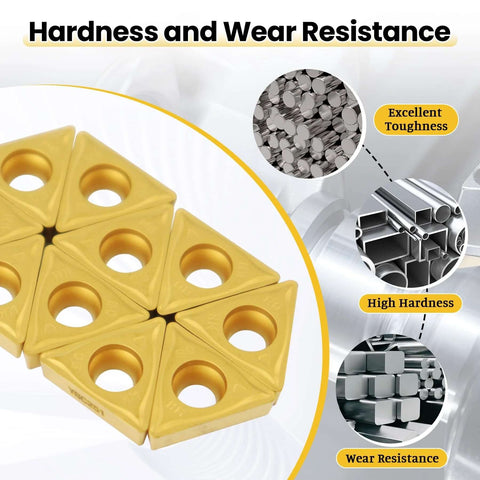 Image of Premium Carbide Turning Inserts for Steel and Stainless by Zorqon, 10 Pack TCMT32.52, showcasing hardness and wear resistance.