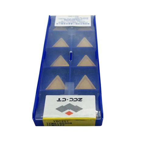 TPMR160308 YBC251 Turning Inserts Set Of 10 for lathe and milling with CVD coated carbide for steel machining, stored in blue box.