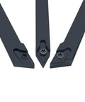 Three indexable tool holders from Carbide Turning Inserts Set DCMT21.51 070204 55 Degree With One Sixty Fourth Inch Radius And Three Thirty Second Inch Thick Ten Pack For Steel Cast Iron And Nonferrous Machining Includes Three Handy Indexable Tool Holders Plus T8 Wrenches.